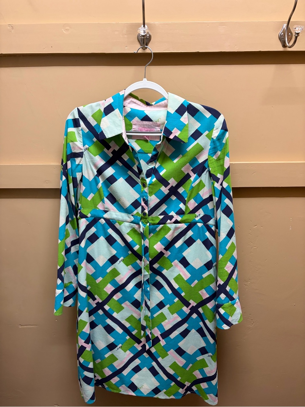 Geometric Print Long-Sleeve Men's Shirt - Blue & Green